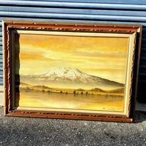 Vintage Snow-capped Mountain At Sunrise Framed Oil On Canvas Original